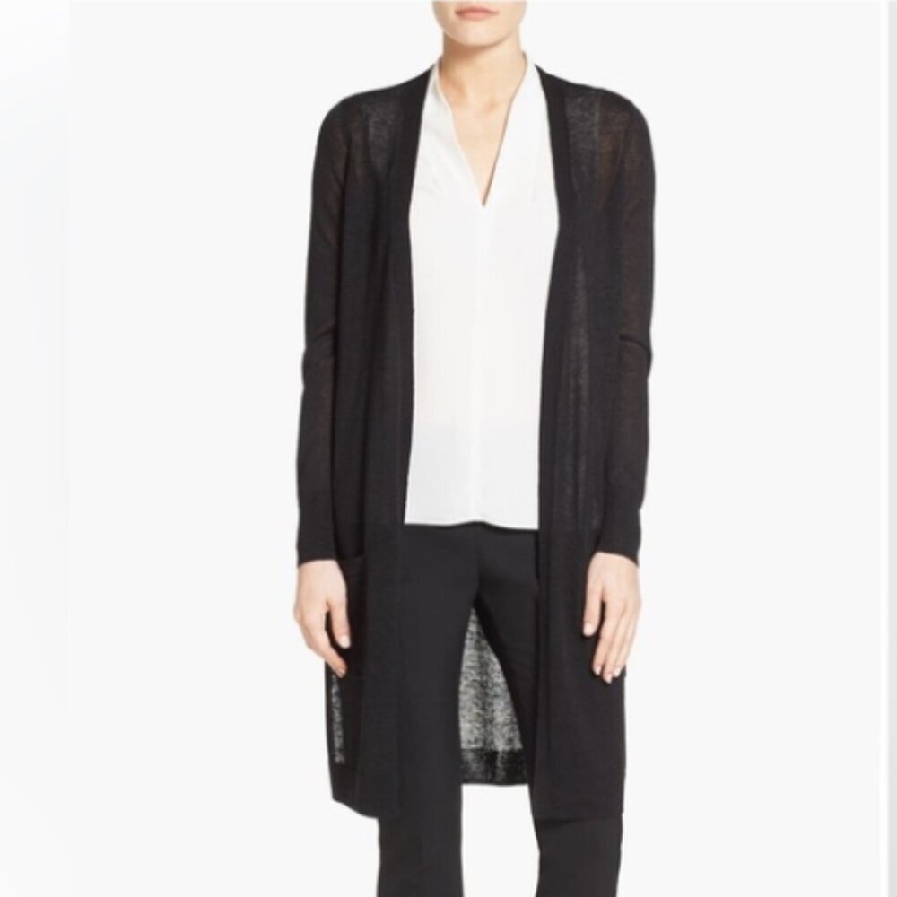 Nordstrom Halogen Linen Blend Longline Open Front Black Cardigan Size‎ 1/XS